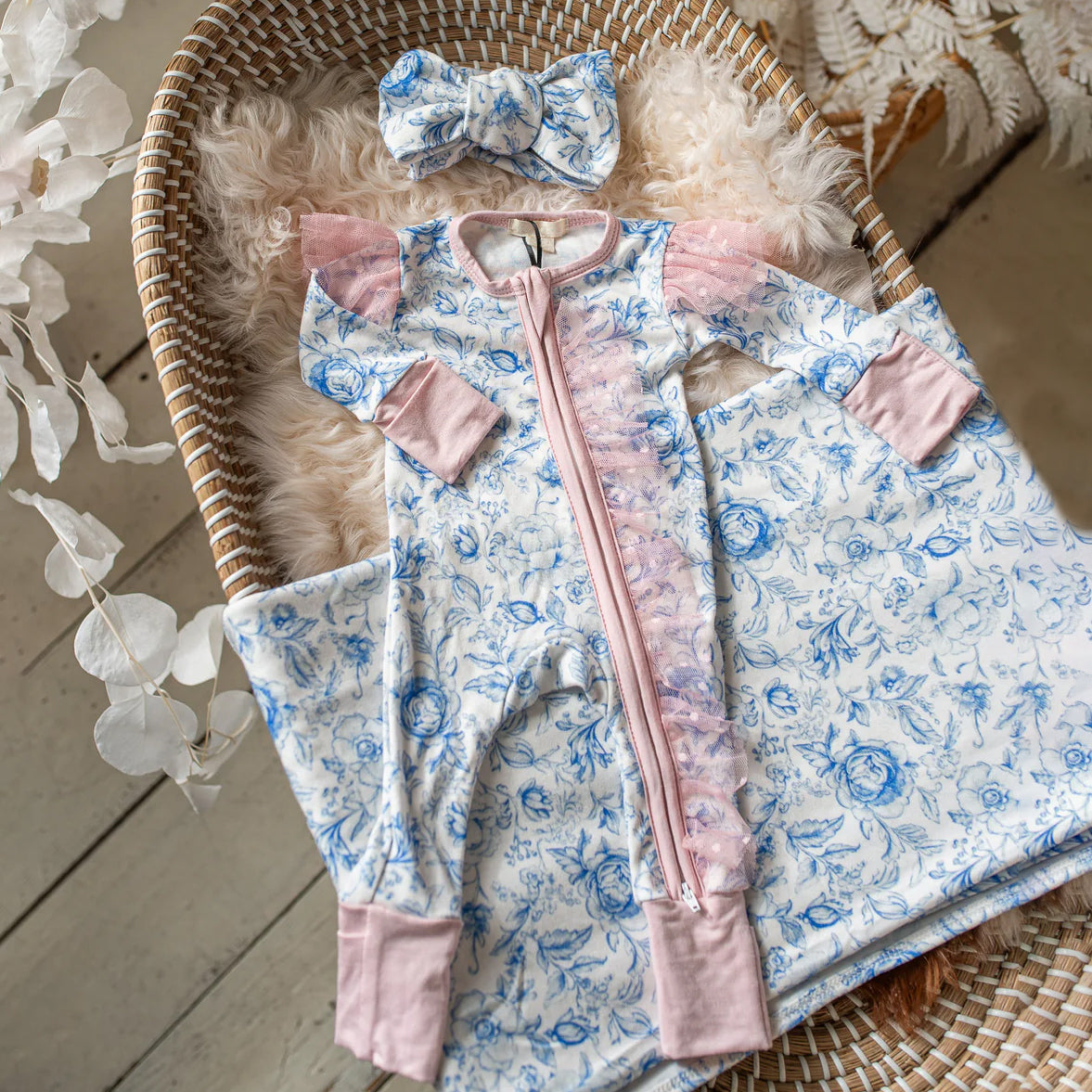 2PCS Pretty Floral Print Tulle Zipper Long Sleeve Baby Jumpsuit