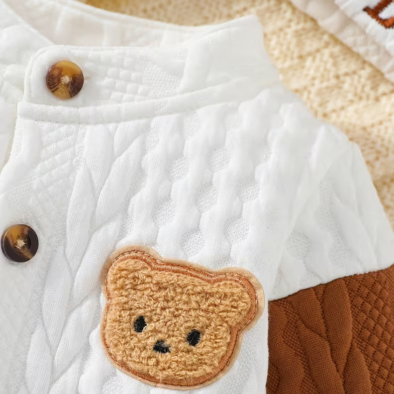 2PCS Cozy "Mama's Boy" Bear Applique Long Sleeve Knitted Baby Jumpsuit