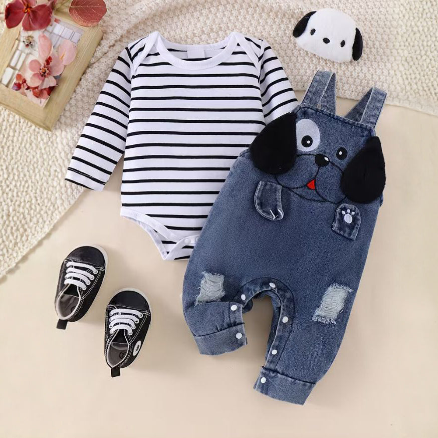 2PCS 3D Dog Stripe Print Long Sleeve Baby Overalls Set