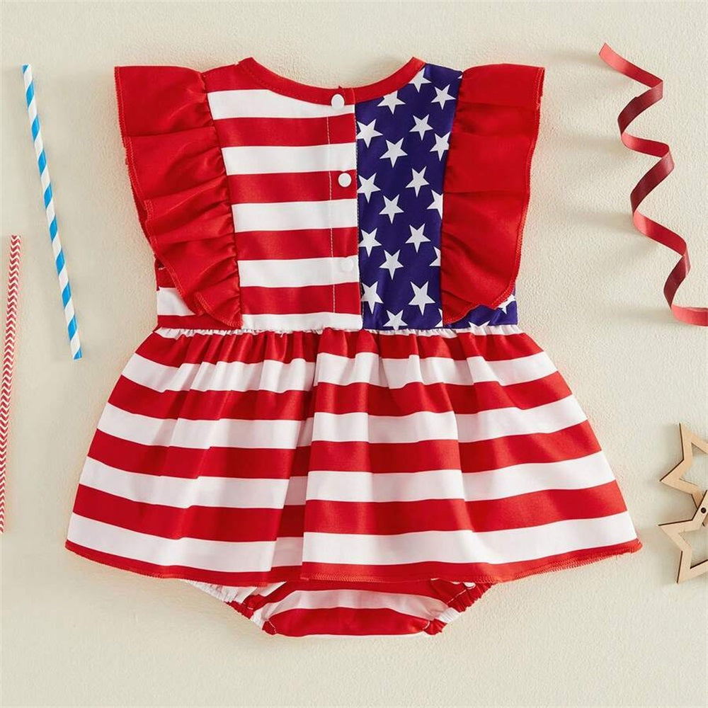 Casual Stripe and Star Printed Ruffled Sleeveless Baby Romper