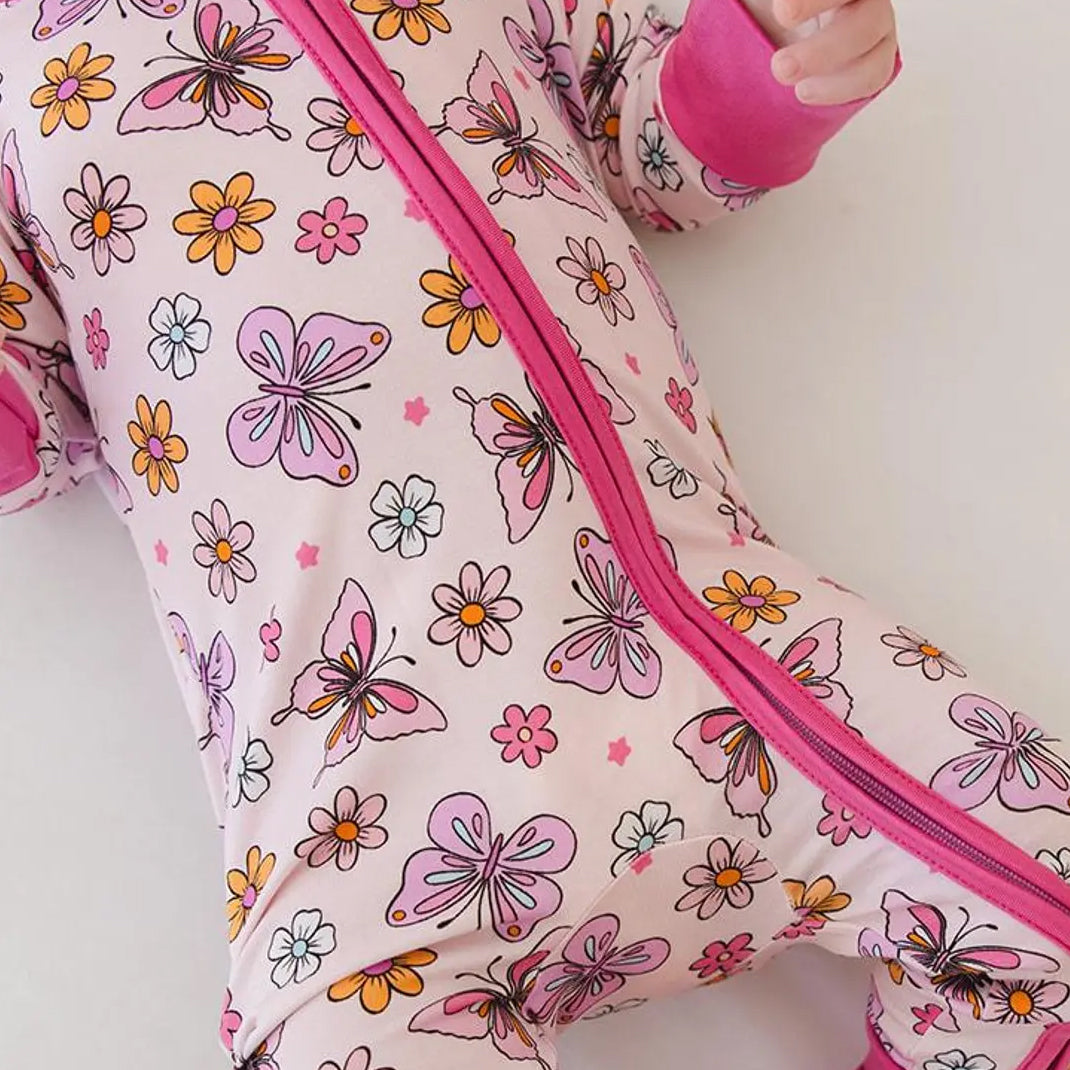 Butterfly Floral Printed Zipper Baby Jumpsuit
