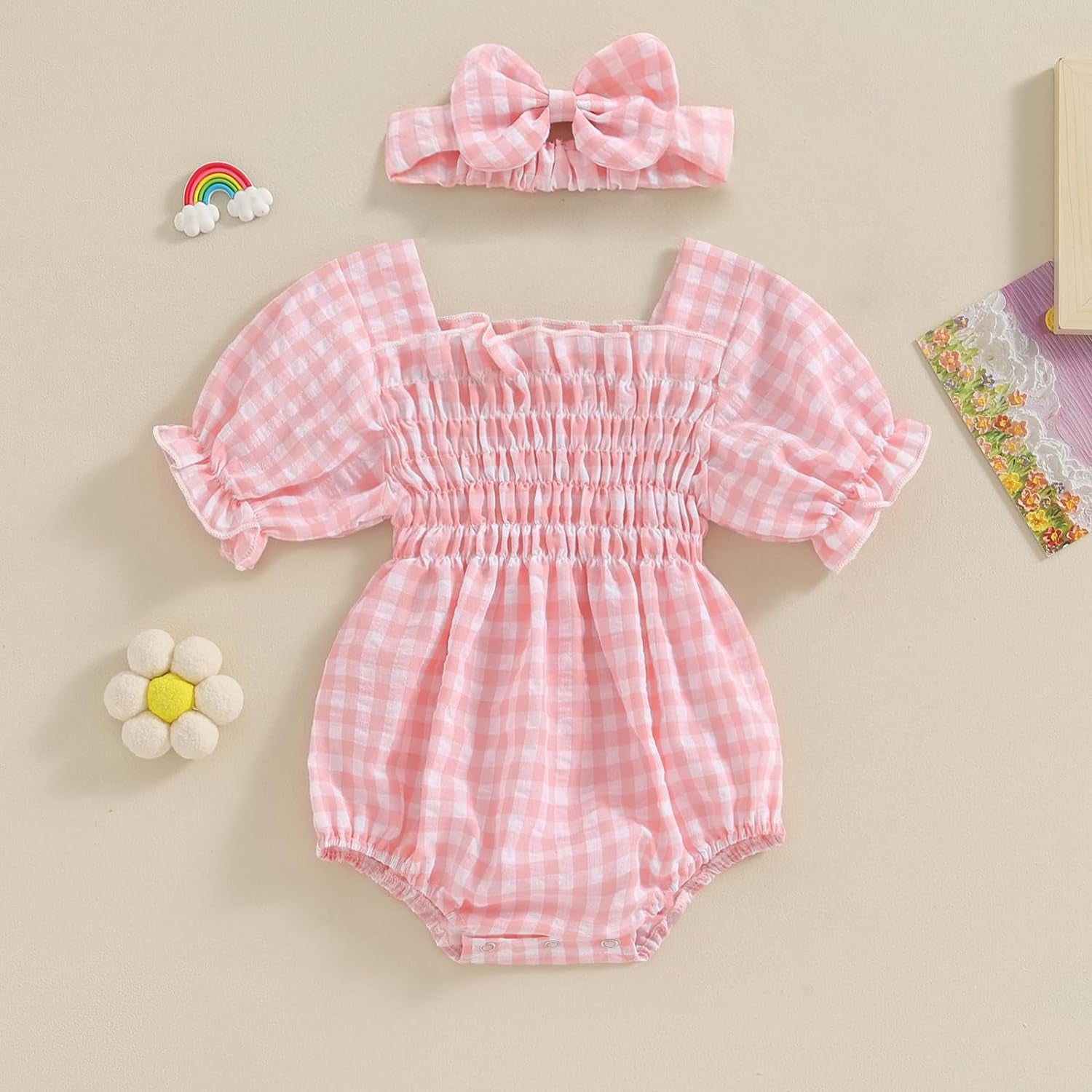 2PCS Sweet Plaid Printed Baby Romper