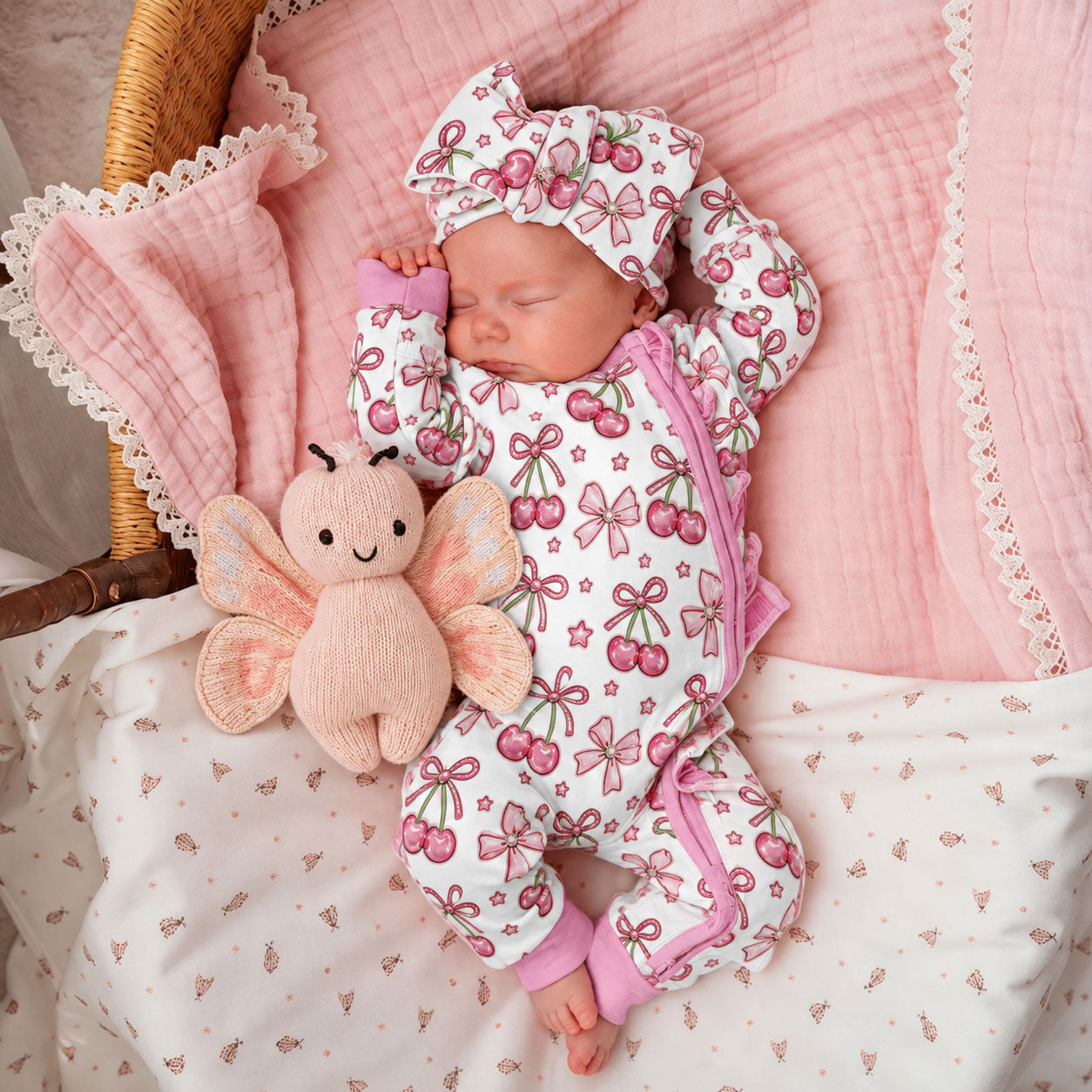 2PCS Graceful Bow Cherry Printed Ruffle Zipper Long Sleeve Baby Jumpsuit