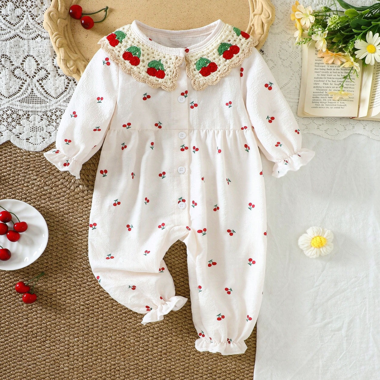All-Over Cherry Printed Crochet Collar Long Sleeve Baby Jumpsuit