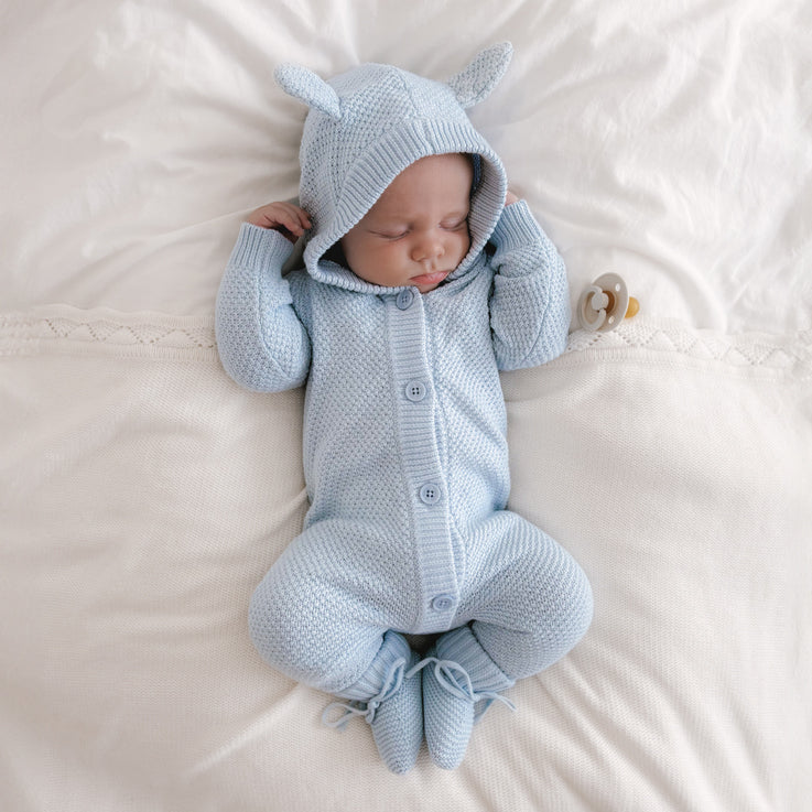 Solid Color Knit 3D Ear Hooded Baby Jumpsuit