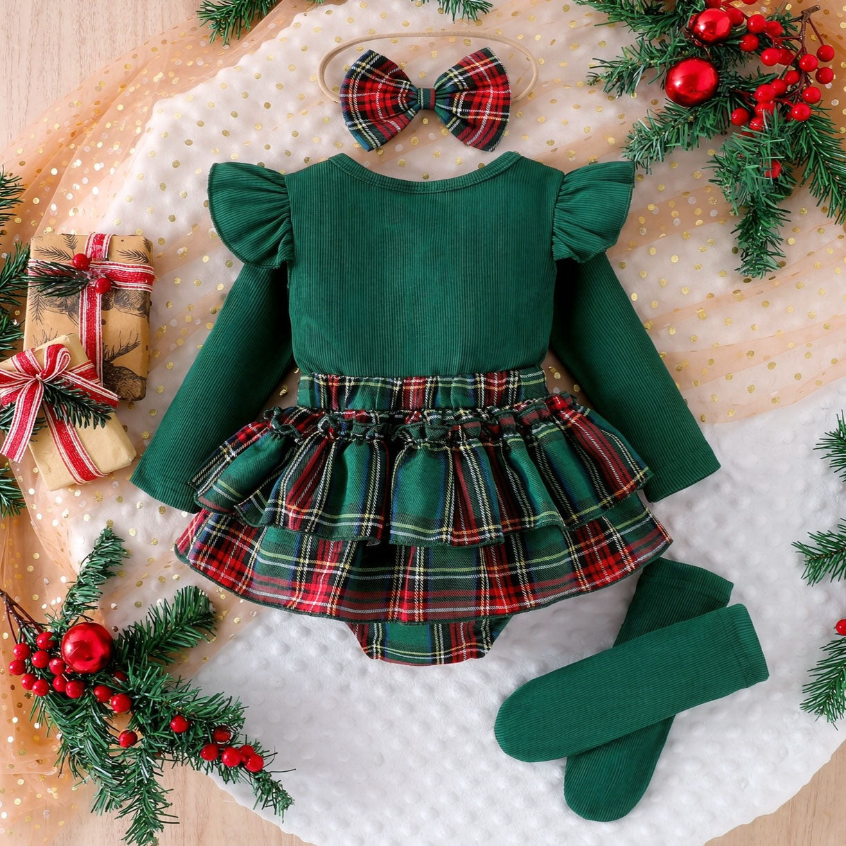 3PCS Sweet Color-Blocked Plaid Printed Long Sleeve Baby Romper