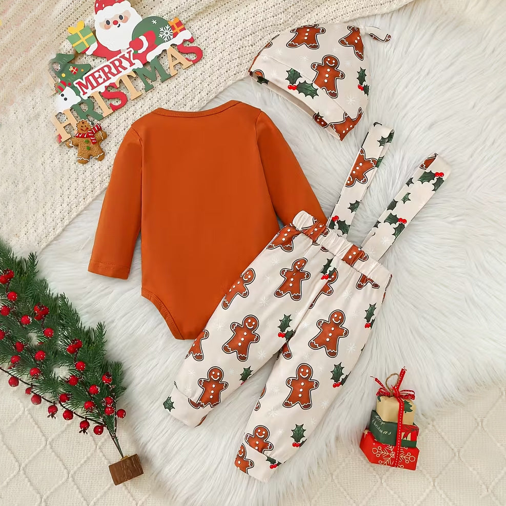 3PCS My First Christmas Letter Gingerbread Printed Overalls Baby Set