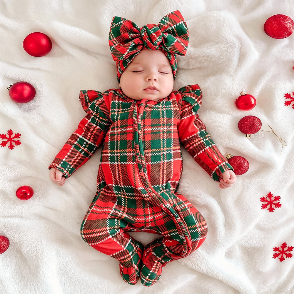 2PCS Delightful Plaid Printed Zipper Long Sleeve Baby Christmas Jumpsuit