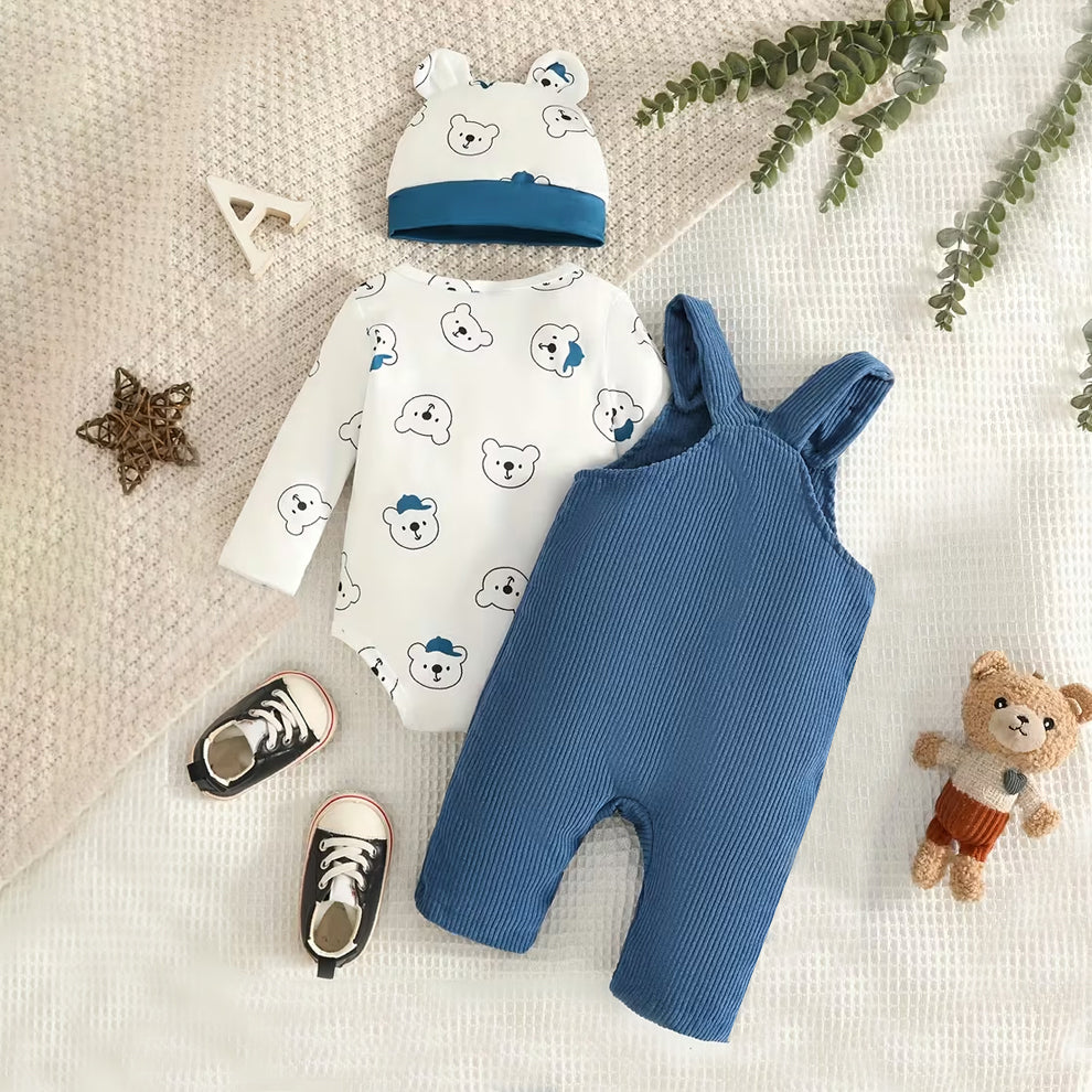 3PCS Bear Print Long Sleeve Baby Overalls Set
