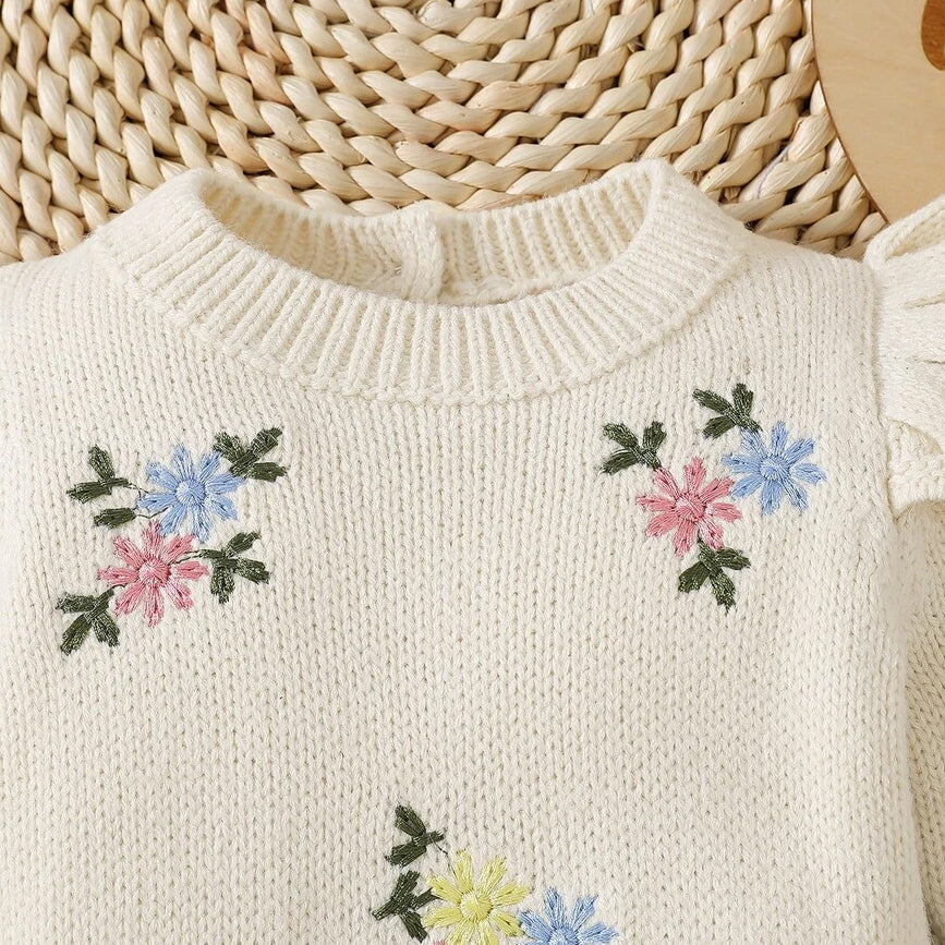 Elegant Floral Embroidery Long Sleeve Knit Baby Girl Jumpsuit