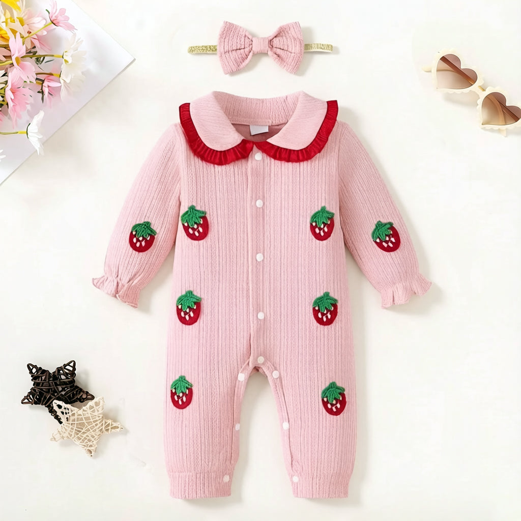 2PCS Pretty Strawberry Print Baby Girl Jumpsuit