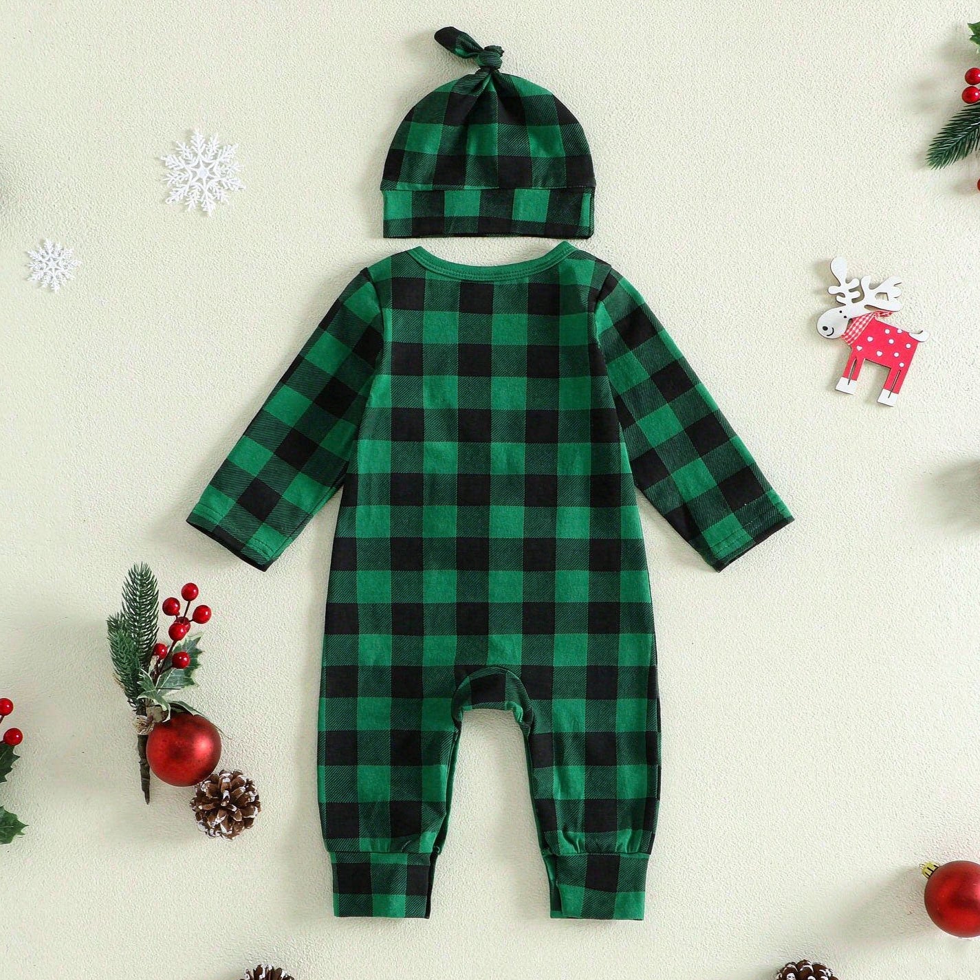 2PCS Little Bro Letter Plaid Printed Long Sleeve Baby Jumpsuit