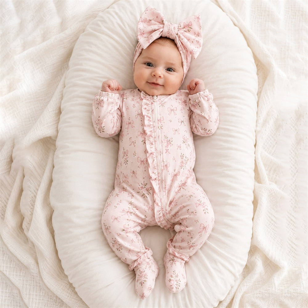 2PCS Lovely Floral Bow Print Zipper Long Sleeve Baby Jumpsuit