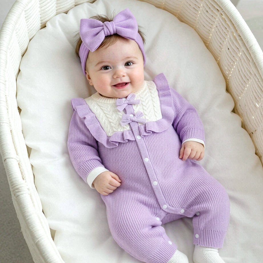 Pretty Colorblock Knit Long Sleeve Baby Girl Jumpsuit