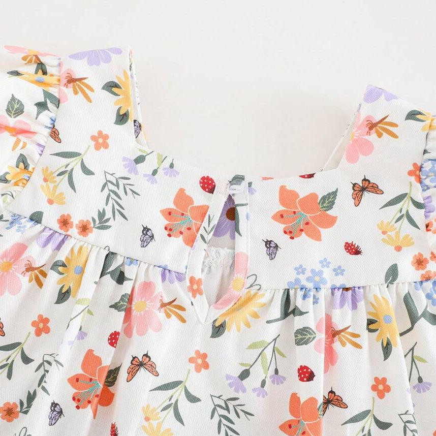 Cheerful Floral Print Flutter Sleeve Baby Romper