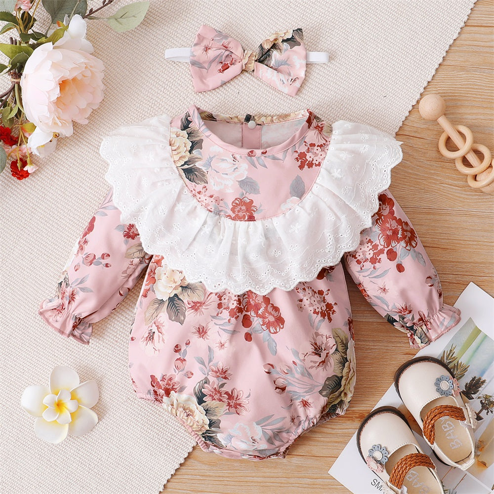 2PCS Lovely Floral Printed Ruffled Long Sleeve Baby Romper