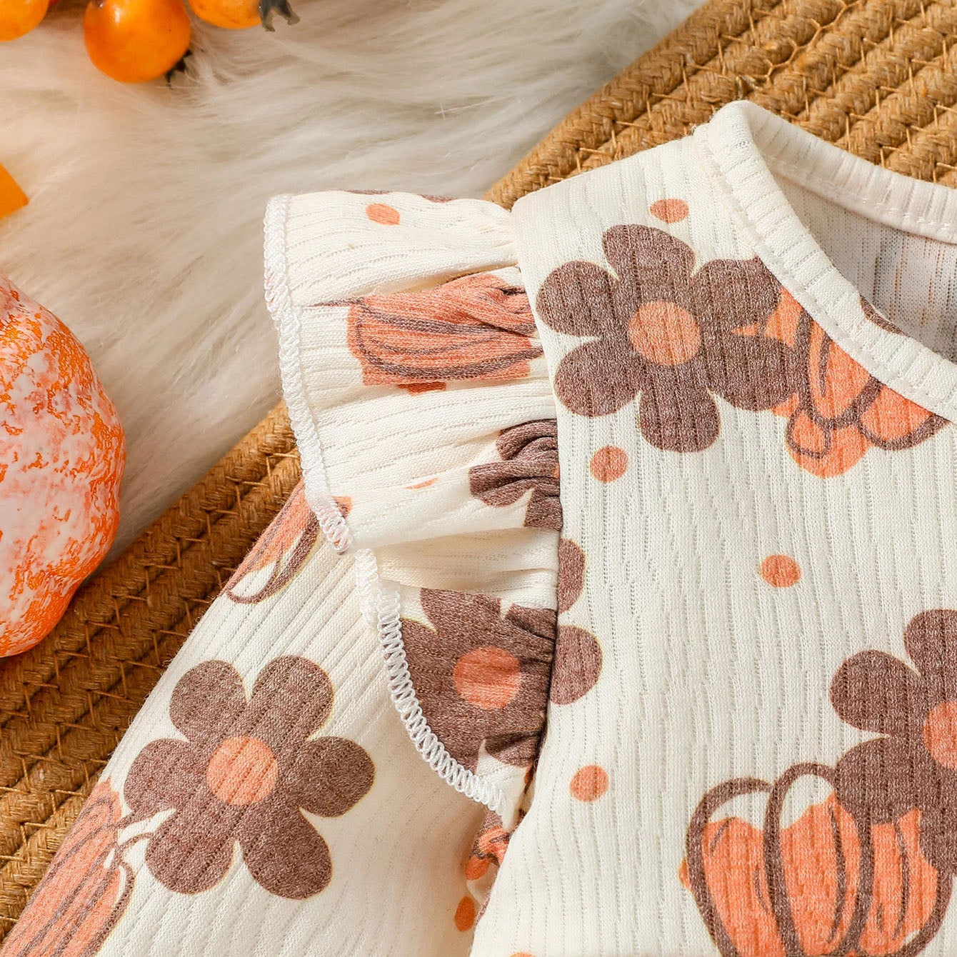 Graceful Pumpkin and Floral Printed Baby Jumpsuit
