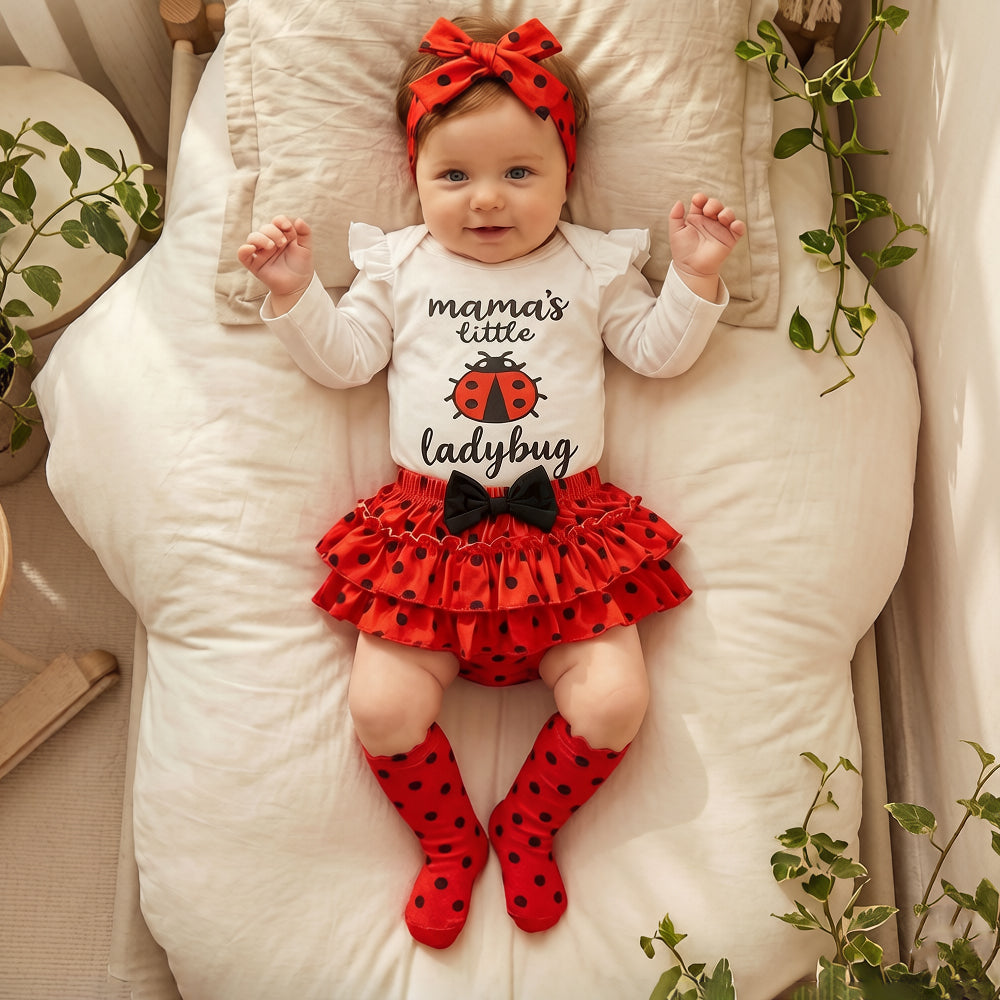 4PCS Lovely Mama's Little Ladybug Letter Polka Dots Print Baby Set