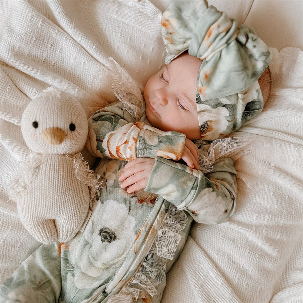 2PCS Floral Print Lace Trim Long Sleeve Baby Jumpsuit