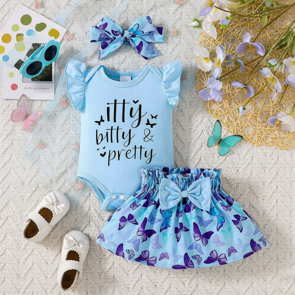 3PCS Itty Bitty & Pretty Letter Butterfly Printed Flounce Sleeve Baby Set
