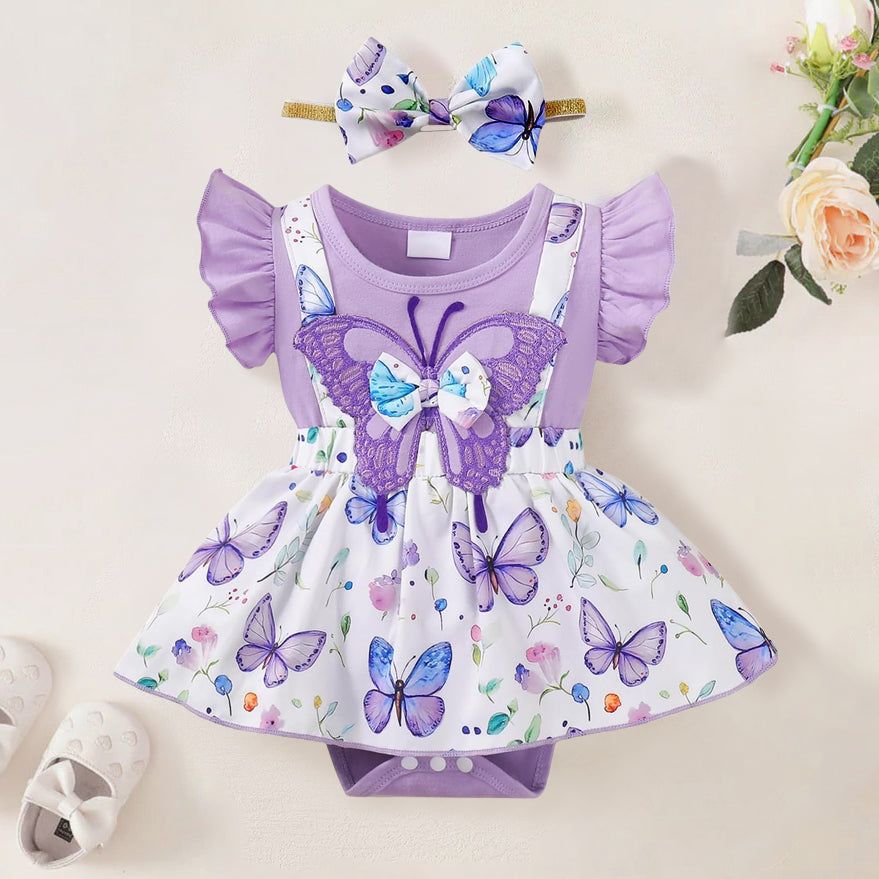 2PCS Cute Butterfly Print Sleeveless Baby Romper
