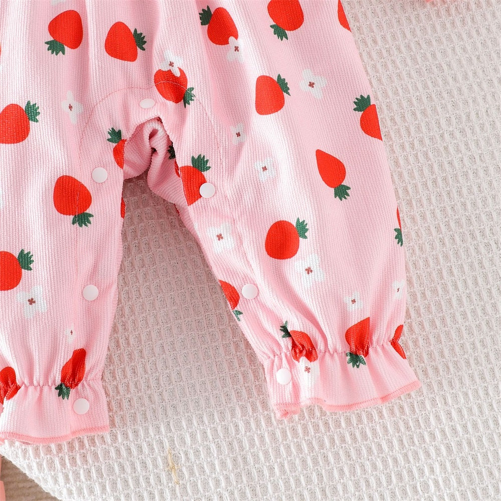 2PCS Sweet Strawberry Print Bow Long Sleeve Baby Jumpsuit