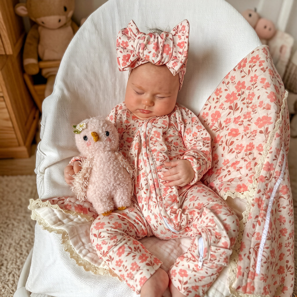 2PCS Delicate Floral Print Ruffle Zipper Long Sleeve Baby Jumpsuit