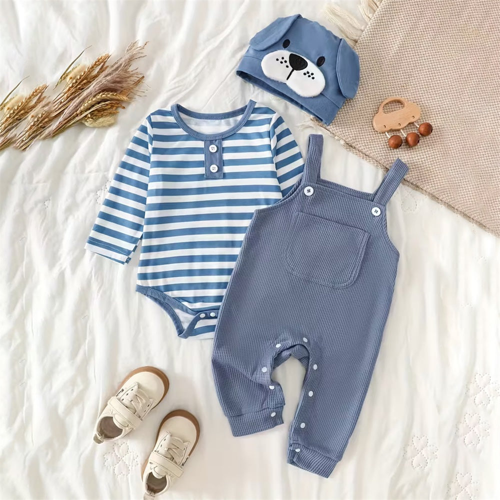 3PCS Casual Puppy Print Striped Long Sleeve Baby Set