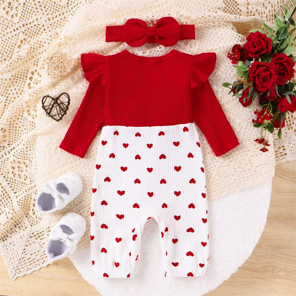 2PCS Dainty Heart Printed Long Sleeve Baby Jumpsuit