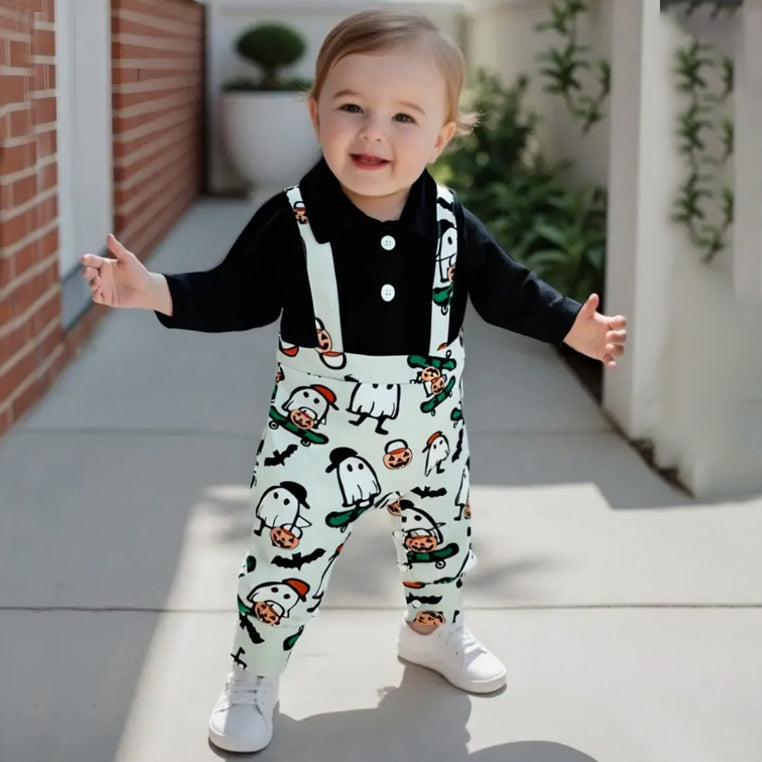 Cute Ghost Print Lapel Fake Two Baby Jumpsuit