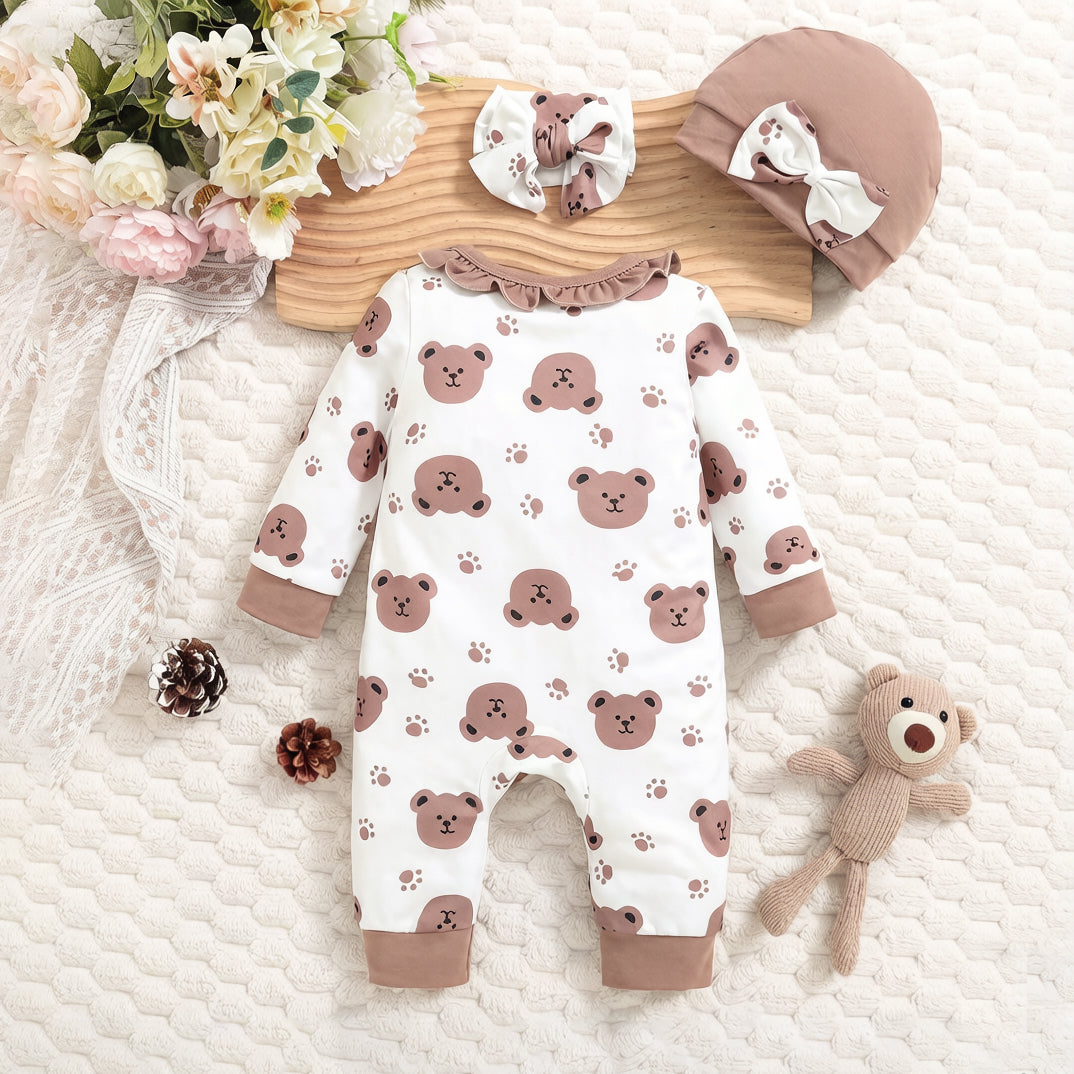3PCS Adorable Bear & Paw Print Long Sleeve Baby Jumpsuit