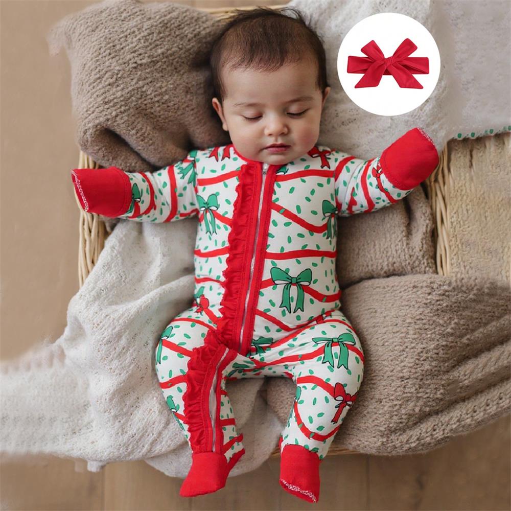 2PCS Christmas Bow Print Long Sleeve Baby Jumpsuit
