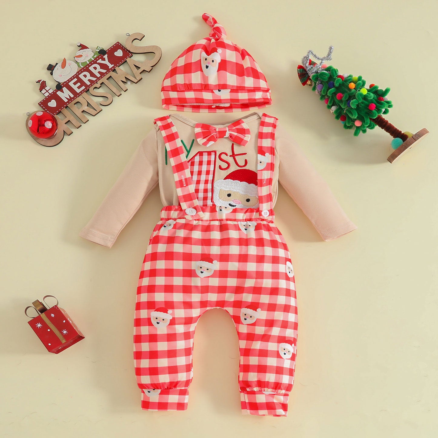 3PCS My First Christmas Santa Embroidery Plaid Overalls Baby Set