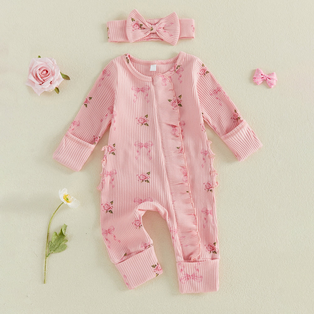 2PCS Comfy Bow Floral Printed Ruffle Zipper Long Sleeve Baby Jumpsuit