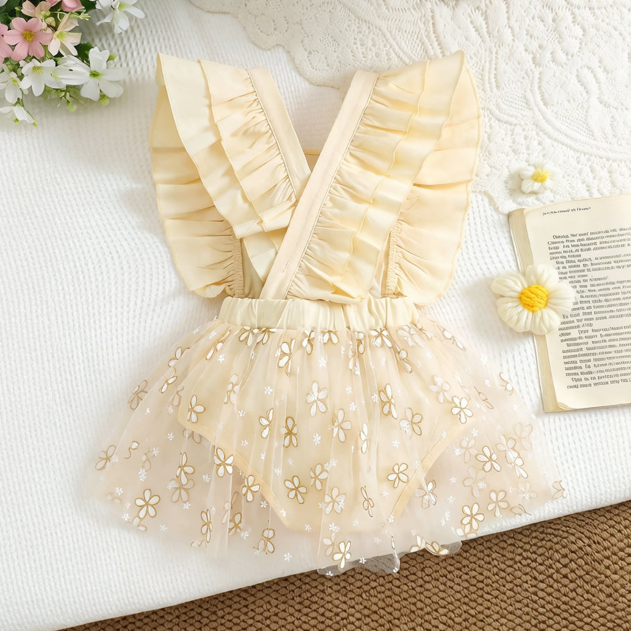 Adorable Floral Embroidery Flutter Sleeve Mesh Baby Romper