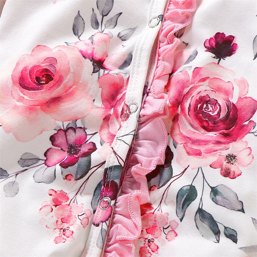 2PCS Stylish Floral Print Frill Trim Long Sleeve Baby Jumpsuit