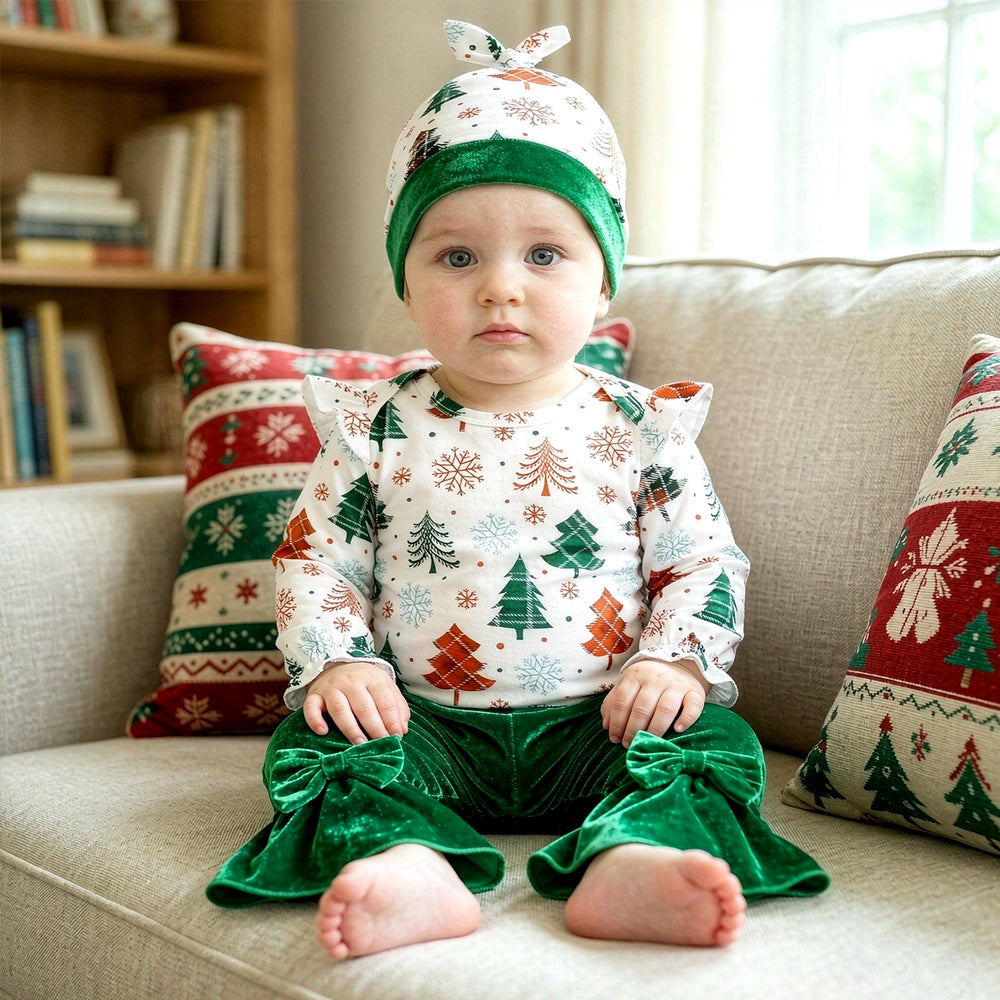 4PCS Christmas Tree Snowflake Print Long Sleeve Baby Girl Velvet Set