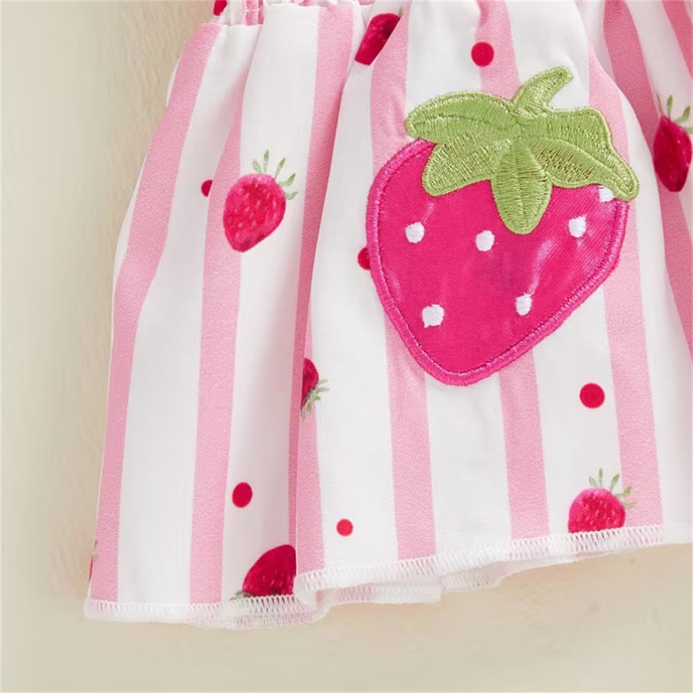2PCS Sweet Strawberry Print Striped Sleeveless Baby Set
