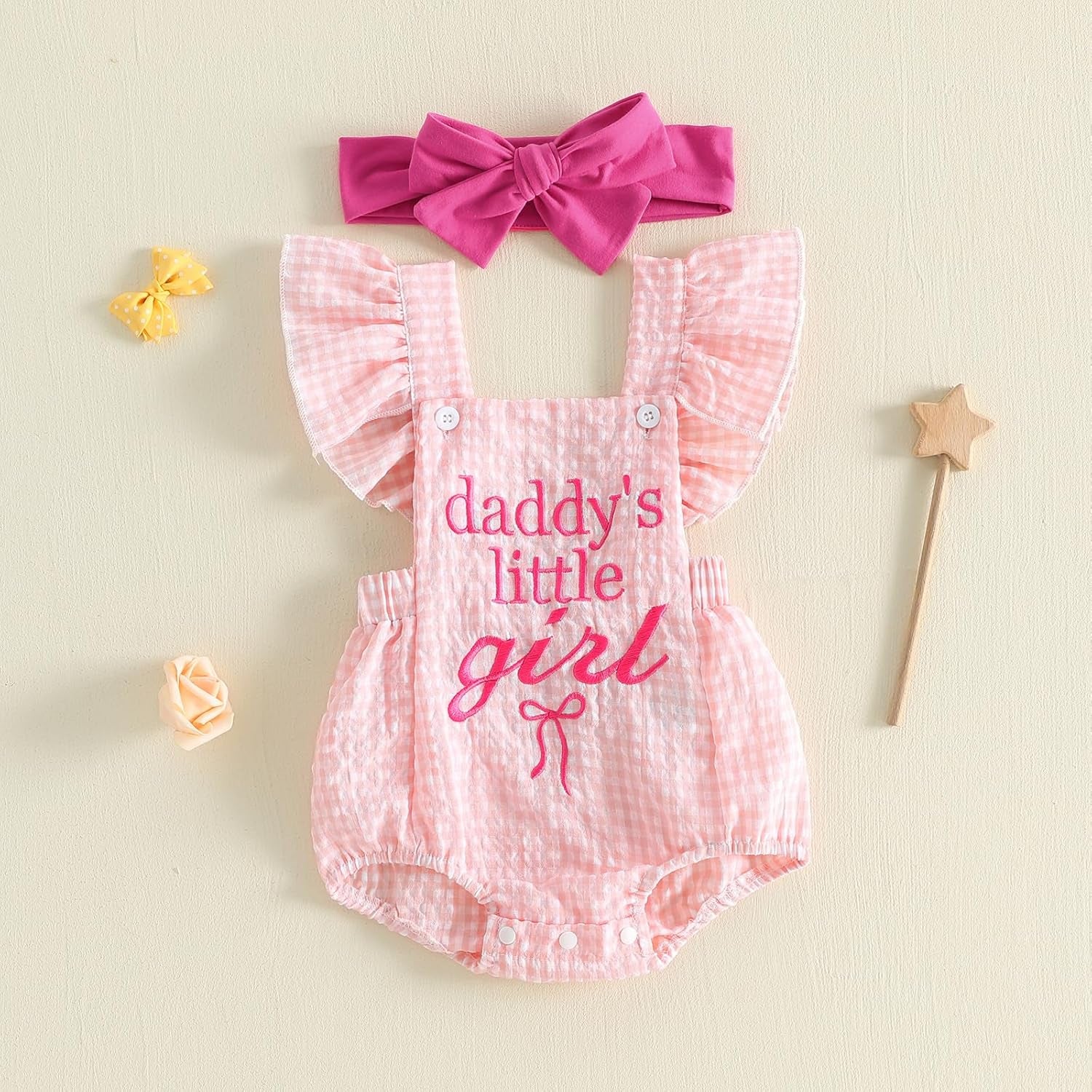 2PCS Daddy's Little Girl Letter Plaid Printed Flounce Sleeve Baby Romper