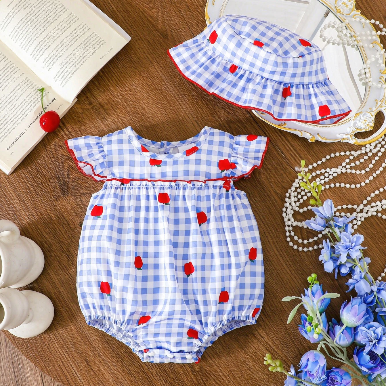 2PCS Lovely Apple and Plaid Print Flutter Sleeve Baby Romper