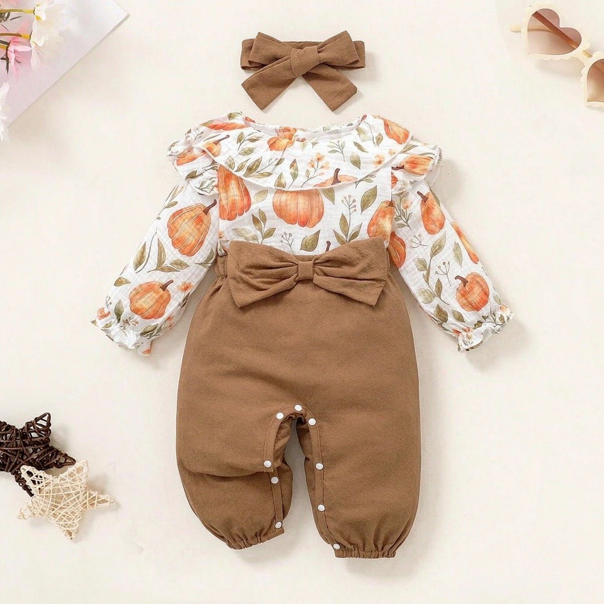 2PCS Color Block Pumpkin Print Bow Long Sleeve Baby Jumpsuit