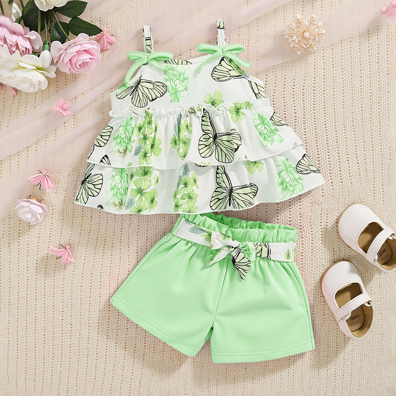 2PCS Lovely Butterfly Floral Printed Sleeveless Baby Set