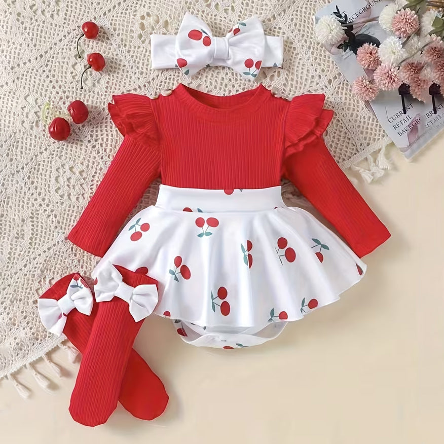 3PCS Sweet Cherry Print Long Sleeve Baby Romper