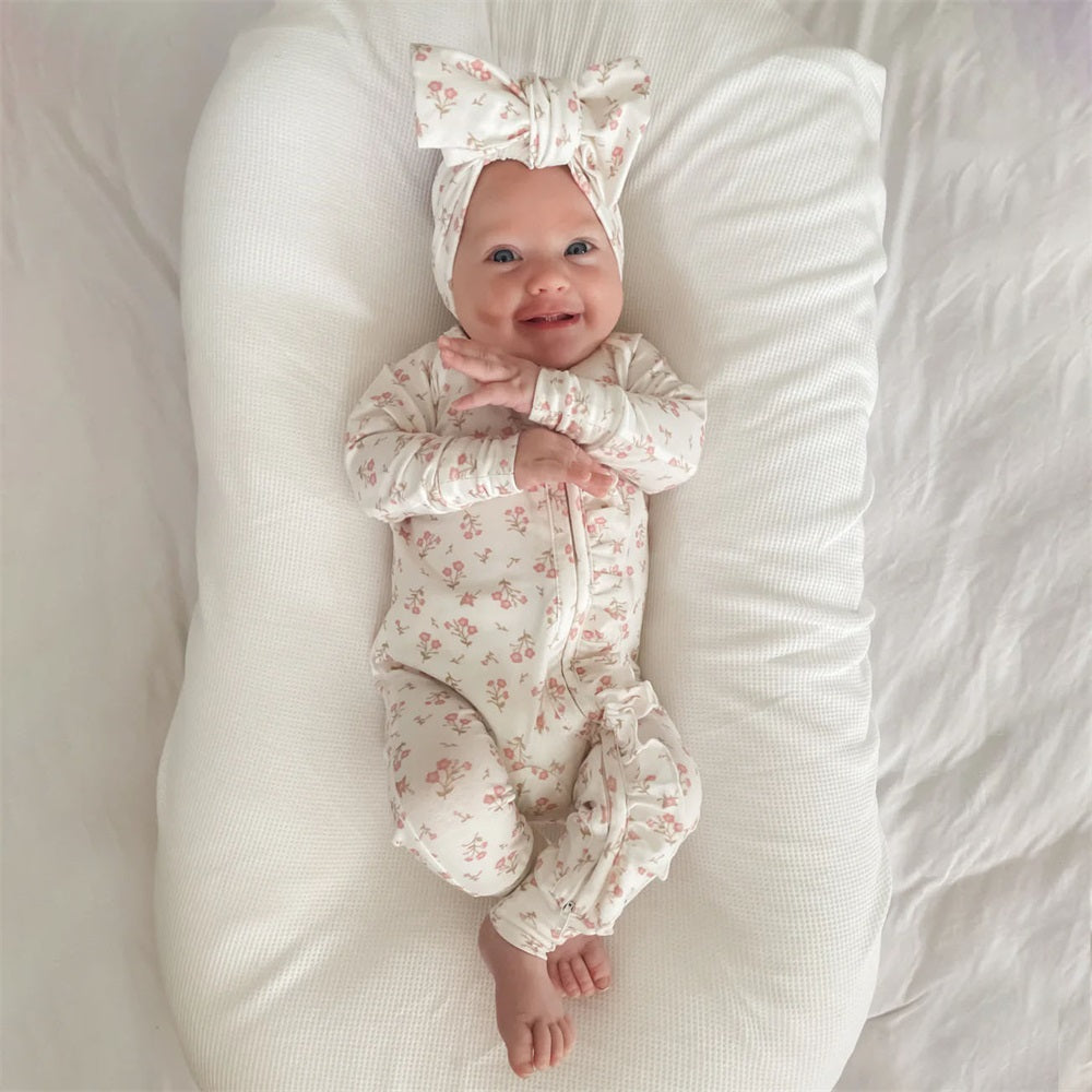 2PCS Pretty Floral Print Long Sleeve Frill Baby Jumpsuit