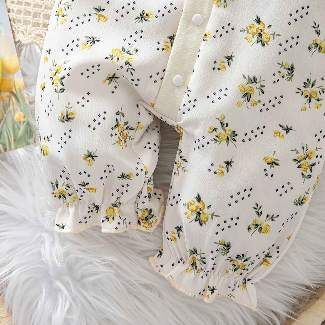 2PCS Cozy Floral and Polka Dots Print Long Sleeve Baby Jumpsuit