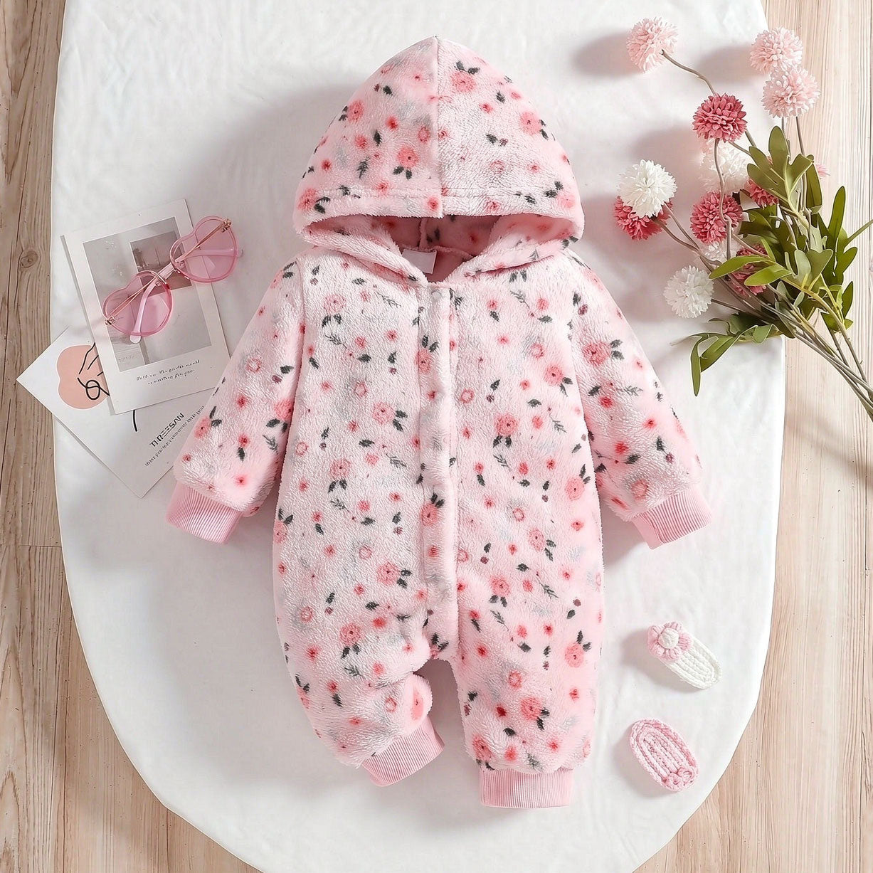 Sweet Floral Printed Fuzzy Hoodie Long Sleeve Baby Girl Jumpsuit