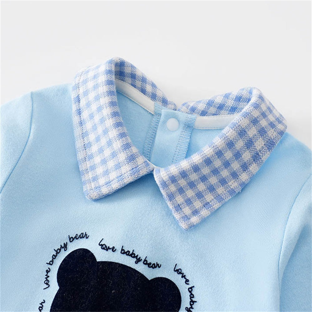 Stylish Bear Print Plaid Long Sleeve Baby Jumpsuit