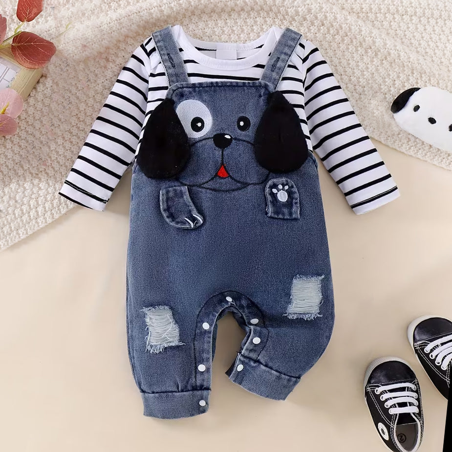 2PCS 3D Dog Stripe Print Long Sleeve Baby Overalls Set