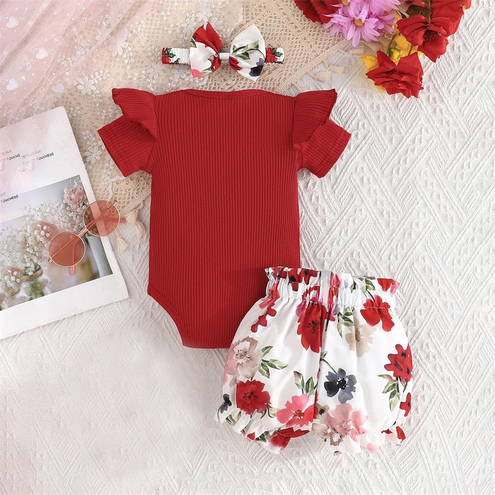 3PCS Comfy Floral Print Short Sleeve Baby Set