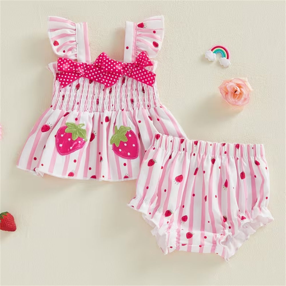 2PCS Sweet Strawberry Print Striped Sleeveless Baby Set